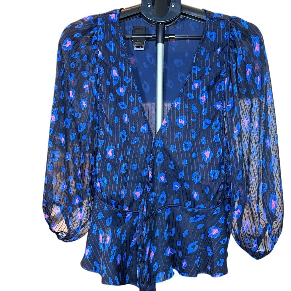 Sugar Lips Blue Leopard Peplum Blouse Sheer Balloon Sleeve V-Neck Top